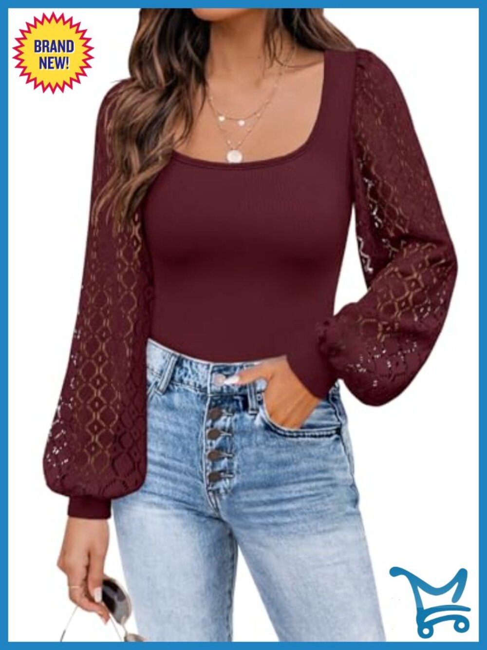 Mesh Long Sleeve Square Neck Puff Sleeve Fitted Blouse Top